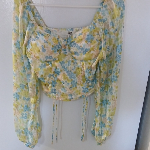 NYC Tops - NYC Floral Blouse with Blue, Yellow, and Cream